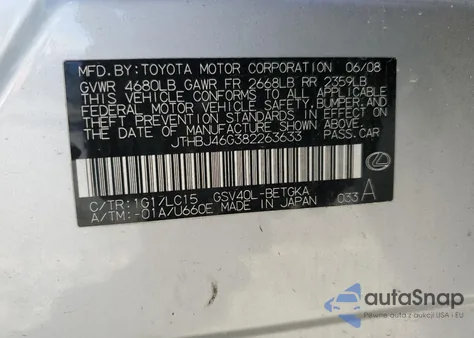 2008 Lexus Es 350 z USA, uszkodzony, nr VIN JTHBJ46G382263633